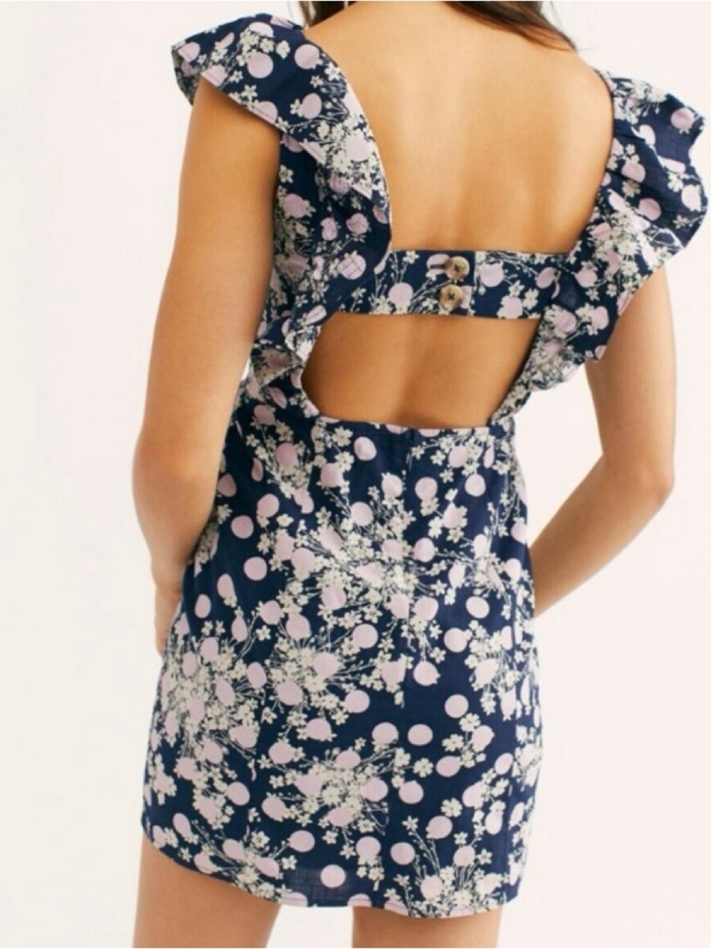Free People Navy Floral Mini Dress Pink Polka Dot Cottagecore Boho Size 6